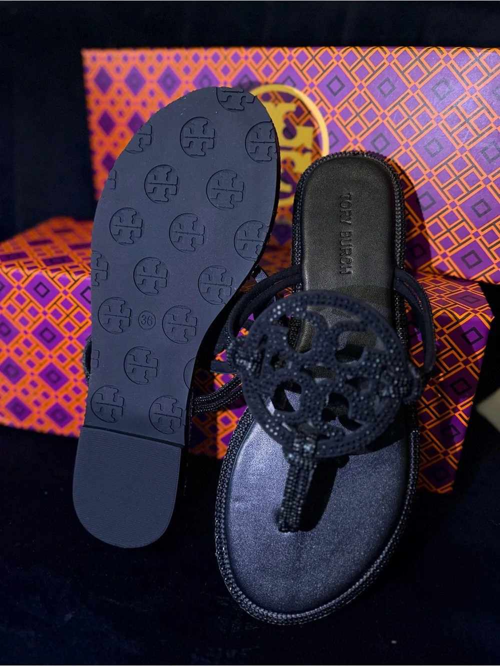 Tory Burch black Braided Logo Thong Sandals with Medallion